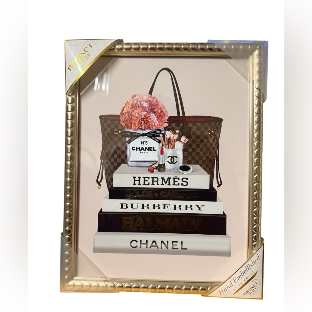 Instinct style Luxury Fashion Books stack, flowers and Bag Wall Art